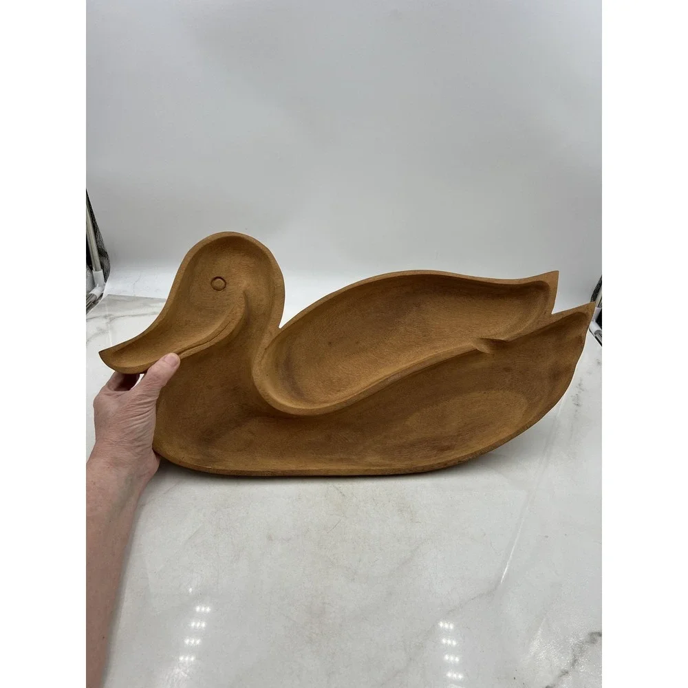 Vintage Wooden Duck Serving Tray 3 Section Nut Dish Hand Carved Philippines Wood